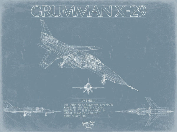 Bella Frye Home & Garden > Decor > Artwork Grumman X-29 Aircraft Blueprint Wall Art - Original Airplane Print