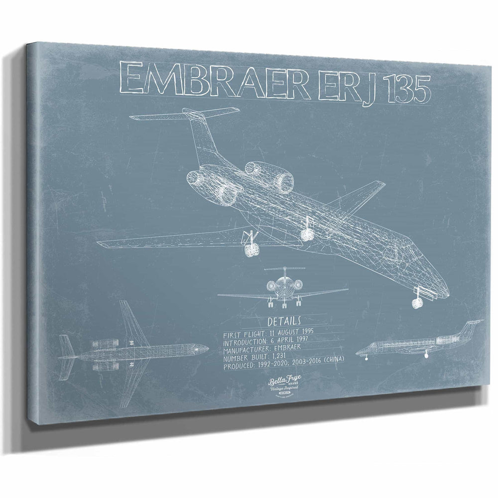 Bella Frye Home & Garden > Decor > Artwork Embraer ERJ-135 Aircraft Blueprint Wall Art - Original Airplane Print
