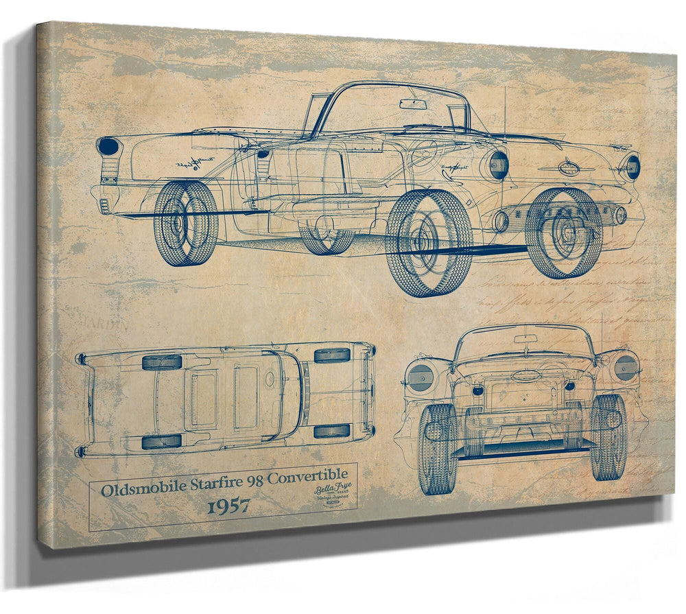 Bella Frye Vintage 1957 Convertible 98 Car Blueprint - Gifts for Husband  - Original Vehicle Wall Art
