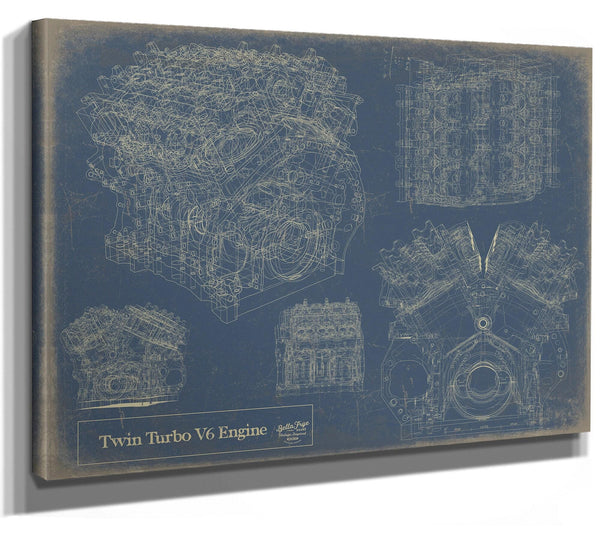 Bella Frye Vintage Twin Turbo V6 Engine Print,  Original Blueprint Canvas
