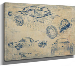 Bella Frye Vintage 1956 Ford Thunderbird Car Model, Original Mancave Blueprint Art