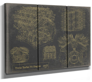 Bella Frye Vintage Twin Turbo V6 Engine Print,  Original Blueprint Canvas