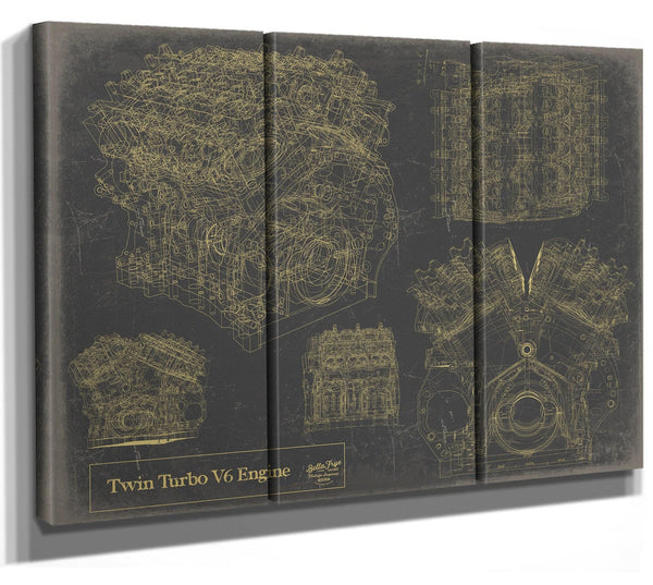 Bella Frye Vintage Twin Turbo V6 Engine Print,  Original Blueprint Canvas