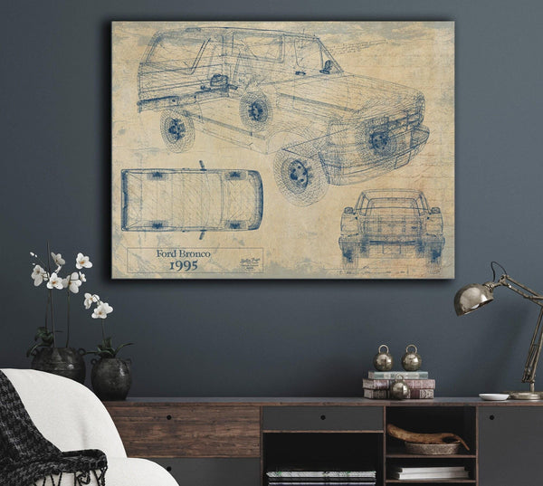 Bella Frye Vintage 1995 Ford Bronco Car Model Print,  Original Blueprint Canvas, Framed, or Unframed Art
