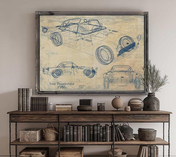 Bella Frye Vintage 1956 Ford Thunderbird Car Model, Original Mancave Blueprint Art
