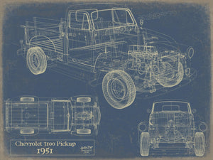Bella Frye Vintage 1951 Chevrolet 3100 Pickup Model Mancave Blueprint Art