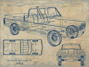 Bella Frye Vintage 2002 Chevrolet Silverado SS Truck Model Mancave Blueprint Art