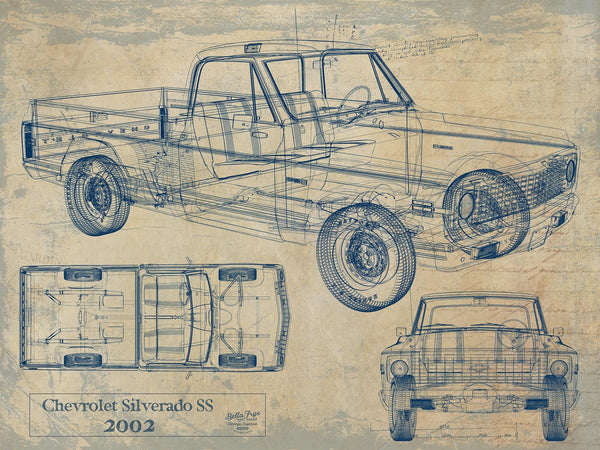 Bella Frye Vintage 2002 Chevrolet Silverado SS Truck Model Mancave Blueprint Art