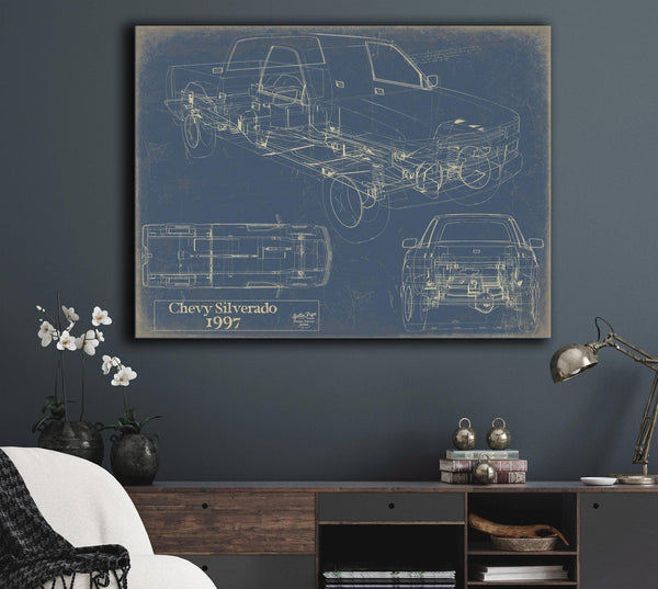 Bella Frye Vintage 1997 Chevrolet Silverado Car Model Print,  Original Blueprint Canvas, Framed, or Unframed Art