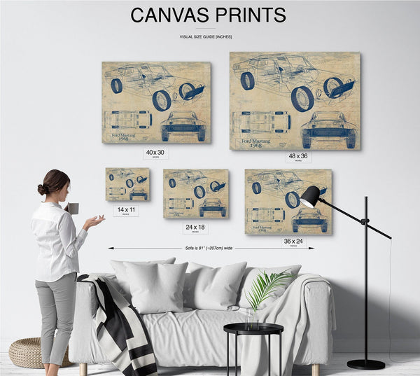 Bella Frye 1968 Mustang Car Model Print,  Original Blueprint Canvas