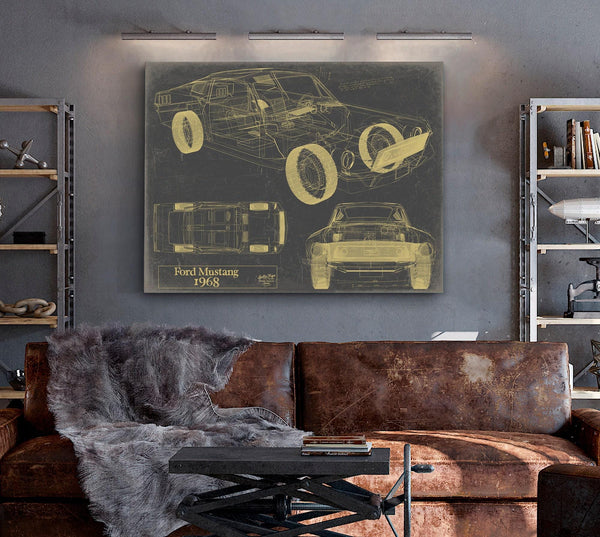 Bella Frye 1968 Mustang Car Model Print,  Original Blueprint Canvas