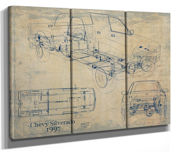 Bella Frye Vintage 1997 Chevrolet Silverado Car Model Print,  Original Blueprint Canvas, Framed, or Unframed Art