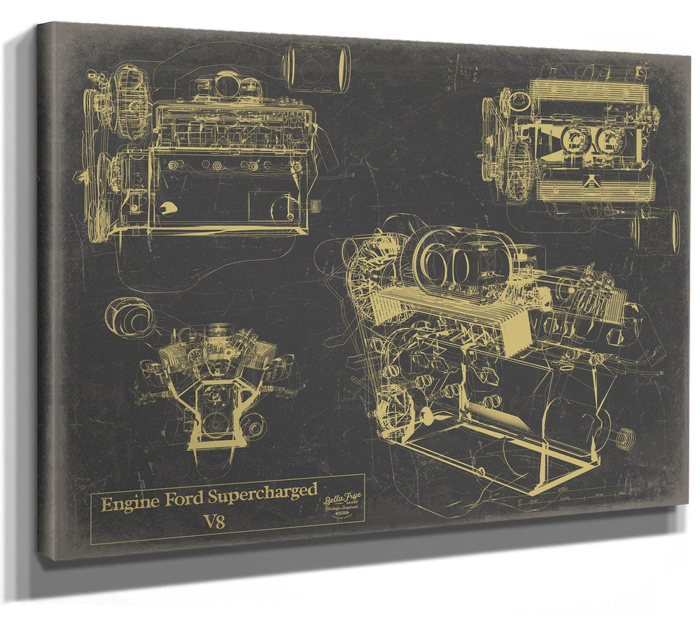 Bella Frye Vintage Engine Ford Supercharged V8 Print,  Original Blueprint Canvas