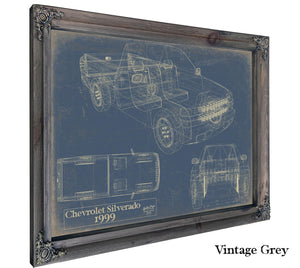 Bella Frye Vintage 1999 Chevrolet Silverado Car Model Print,  Original Blueprint Canvas, Framed, or Unframed Art