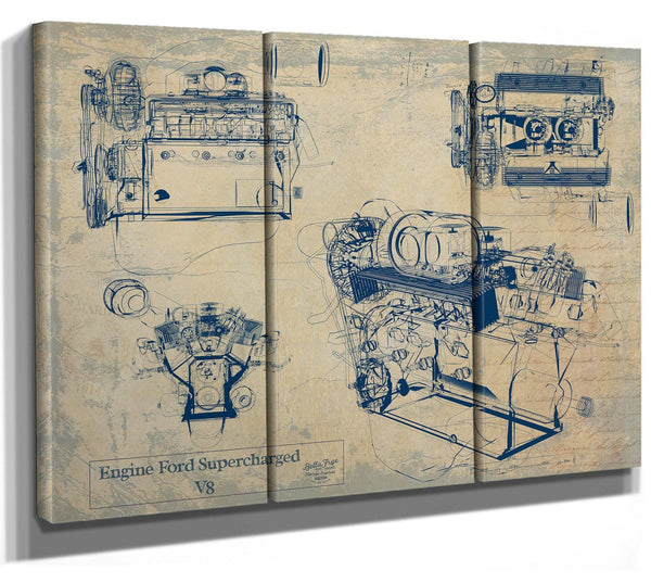 Bella Frye Vintage Engine Ford Supercharged V8 Print,  Original Blueprint Canvas
