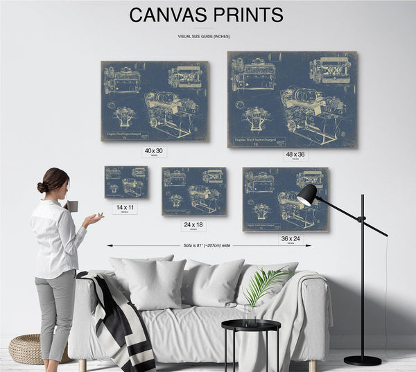 Bella Frye Vintage Engine Ford Supercharged V8 Print,  Original Blueprint Canvas