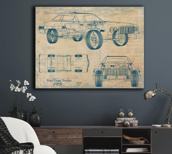 Bella Frye 1975 Ford Gran Torino Blueprint Art: Vintage Car Model Print