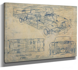 Bella Frye Vintage 1957 Chevrolet BelAir Sport Coupe Car Blueprint - Gifts for Boyfriend  - Original Auto Poster