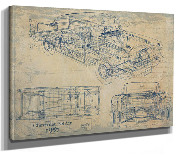 Bella Frye Vintage 1957 Chevrolet BelAir Sport Coupe Car Blueprint - Gifts for Boyfriend  - Original Auto Poster