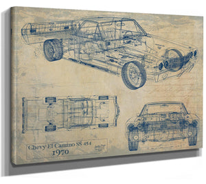 Bella Frye Vintage 1970 Chevrolet El Camino SS 454 Car Model Print,  Original Blueprint Canvas
