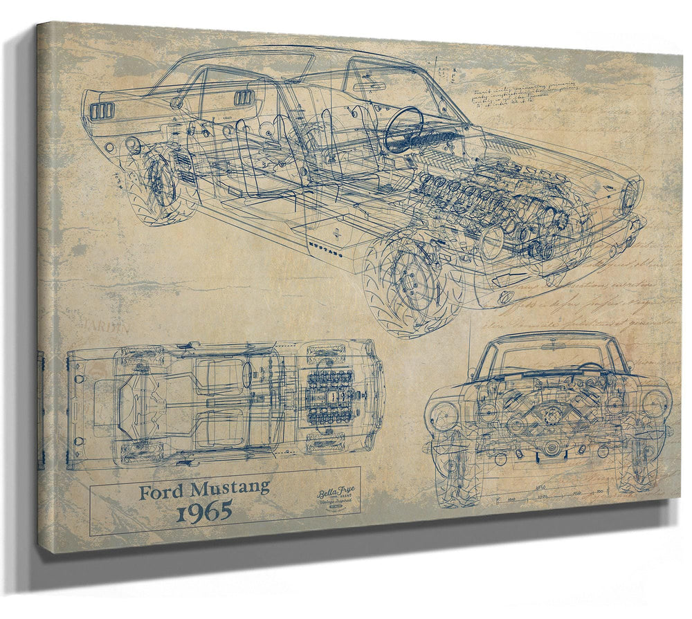Bella Frye Vintage 1965 Ford Mustang Car Model Print,  Original Blueprint Canvas
