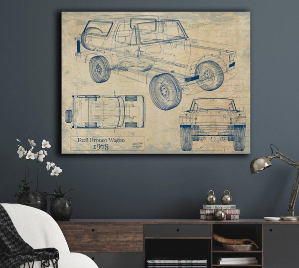Bella Frye Vintage 1978 Ford Bronco Wagon Car Model Mancave Blueprint Art