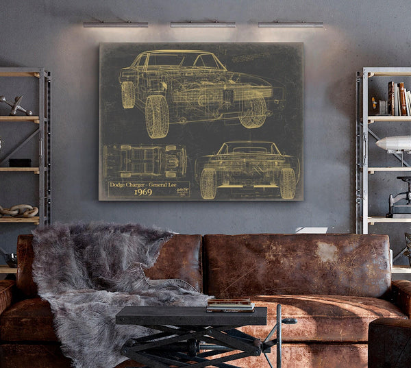 Bella Frye Vintage 1969 Car Model Print,  Original Blueprint Canvas, Framed, or Unframed Art