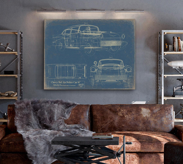 Bella Frye Vintage 1957 Chevy Bel Air Police Car Blueprint - Gifts for Boyfriend  - Original Auto Poster