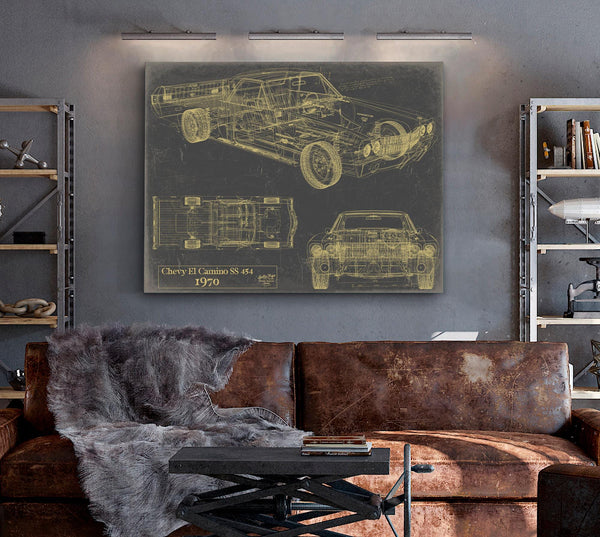 Bella Frye Vintage 1970 Chevrolet El Camino SS 454 Car Model Print,  Original Blueprint Canvas