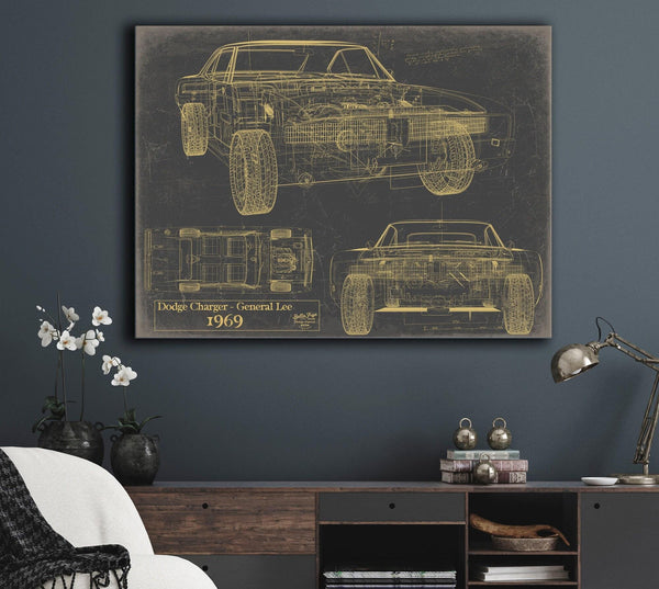 Bella Frye Vintage 1969 Car Model Print,  Original Blueprint Canvas, Framed, or Unframed Art