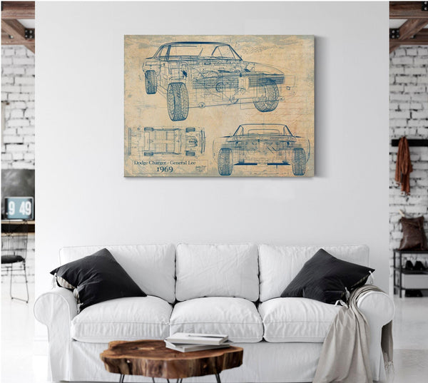 Bella Frye Vintage 1969 Car Model Print,  Original Blueprint Canvas, Framed, or Unframed Art