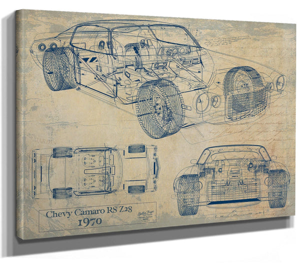 Bella Frye Vintage 1970 Chevrolet Camaro RS Z28 Car Model Print,  Original Blueprint Canvas