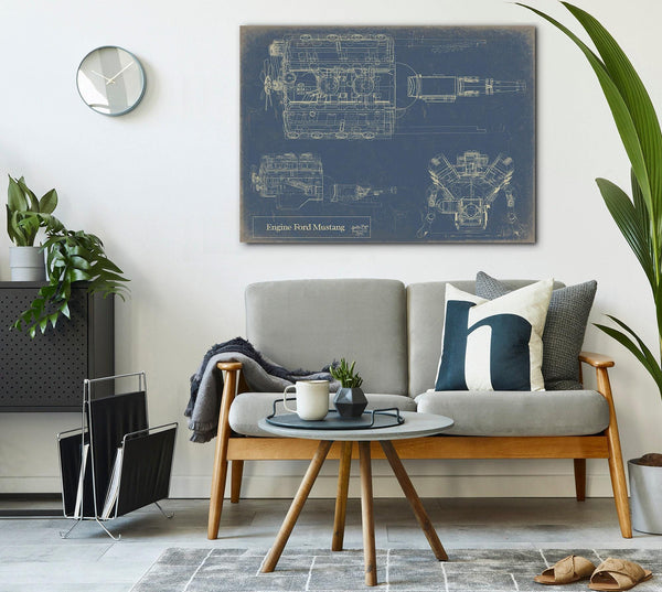 Bella Frye Vintage Engine Ford Mustang Print,  Original Blueprint Canvas