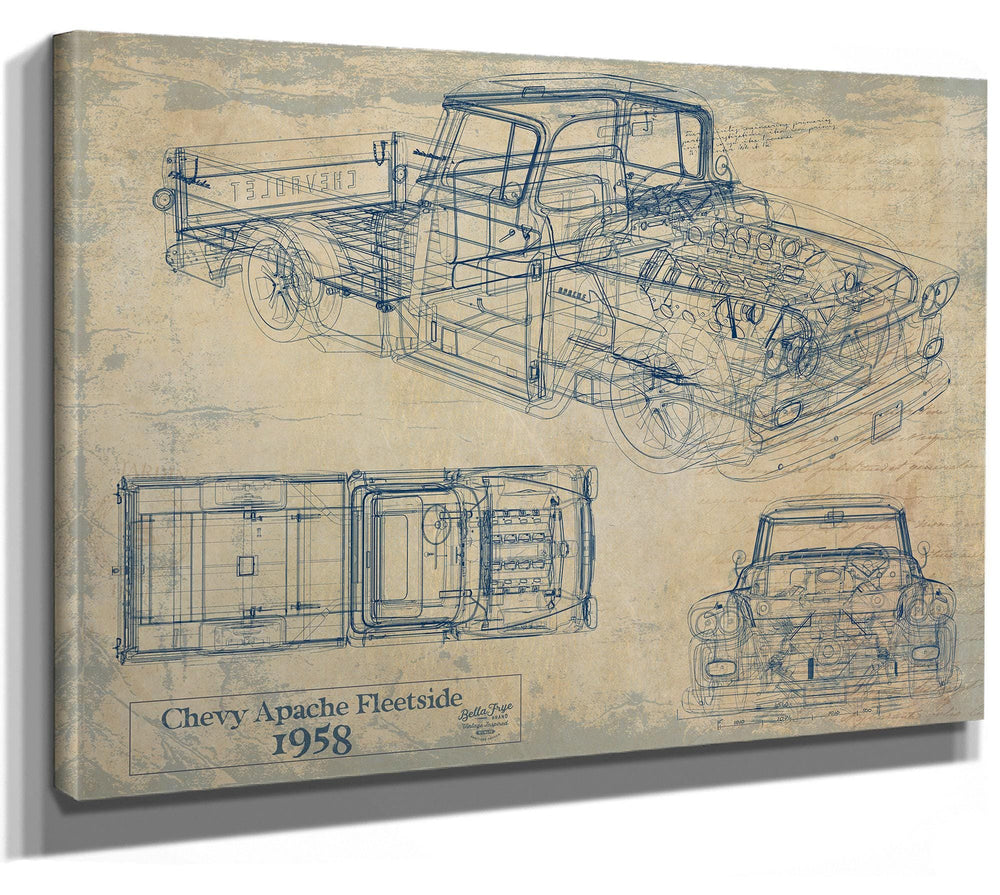 Bella Frye Vintage 1958 Chevrolet Apache Fleetside Car Blueprint - Gifts for Husband  - Original Vehicle Wall Art