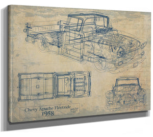 Bella Frye Vintage 1958 Chevrolet Apache Fleetside Car Blueprint - Gifts for Husband  - Original Vehicle Wall Art