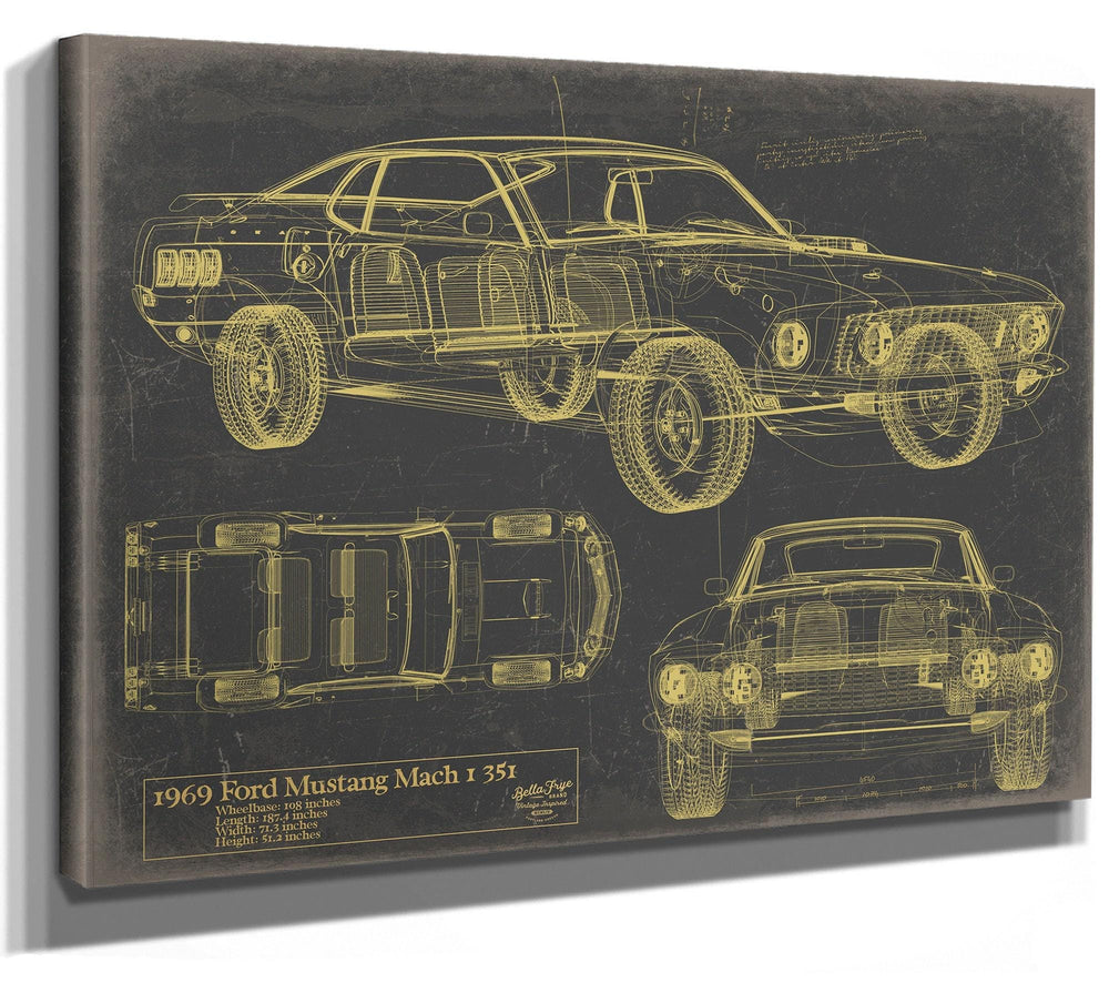 Bella Frye Vintage 1969 Ford Mustang Mach 1 Muscle Car Model Print,  Original Blueprint Canvas