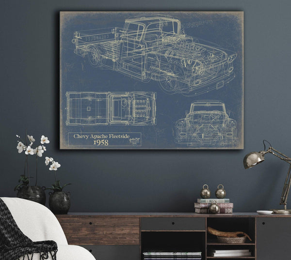 Bella Frye Vintage 1958 Chevrolet Apache Fleetside Car Blueprint - Gifts for Husband  - Original Vehicle Wall Art