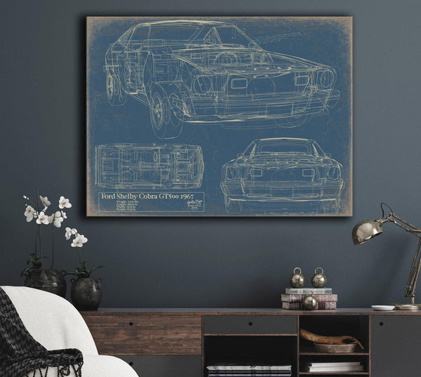 Bella Frye Vintage 1967 Ford Shelby Cobra GT500 Car Model Print,  Original Blueprint Canvas