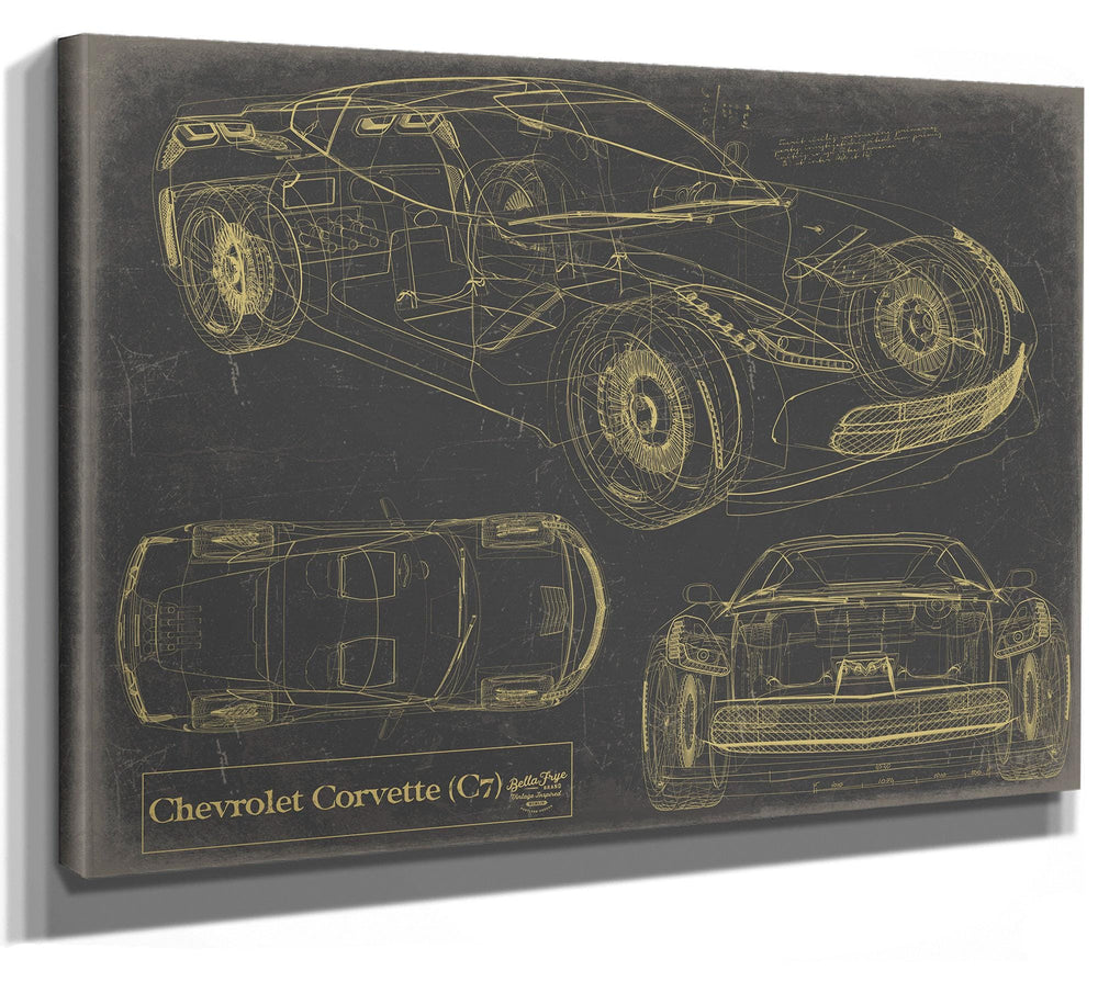 Bella Frye Vintage Chevrolet Corvette (C7) Car Model Print,  Original Blueprint Canvas, Framed, or Unframed Art