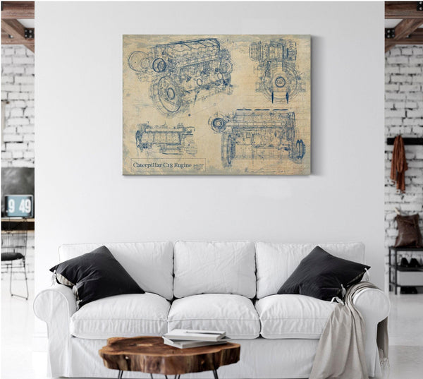 Bella Frye Vintage C18 Engine Print,  Original Blueprint Canvas