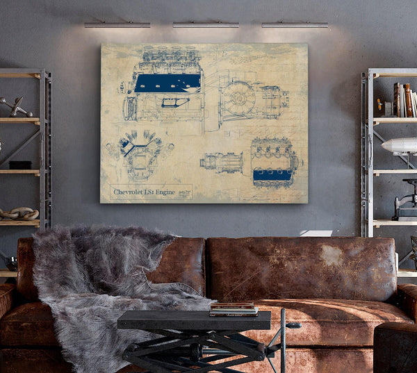 Bella Frye Vintage Chevrolet LS1 Engine Print,  Original Blueprint Canvas