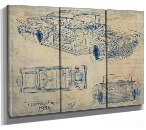 Bella Frye Vintage 1958 Chevrolet Impala Car Blueprint - Gifts for Husband  - Original Vehicle Wall Art