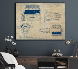 Bella Frye Vintage Chevrolet LS1 Engine Print,  Original Blueprint Canvas
