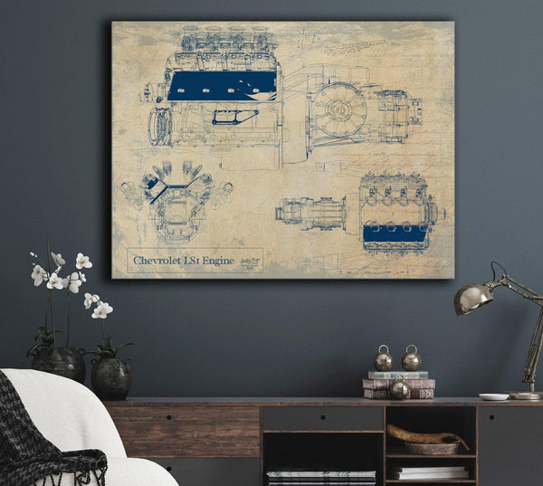 Bella Frye Vintage Chevrolet LS1 Engine Print,  Original Blueprint Canvas