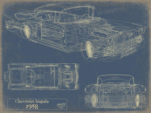 Bella Frye Vintage 1958 Chevrolet Impala Car Blueprint - Gifts for Husband  - Original Vehicle Wall Art