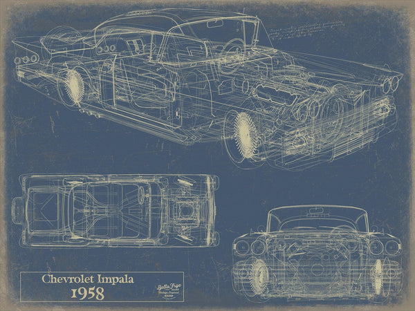 Bella Frye Vintage 1958 Chevrolet Impala Car Blueprint - Gifts for Husband  - Original Vehicle Wall Art