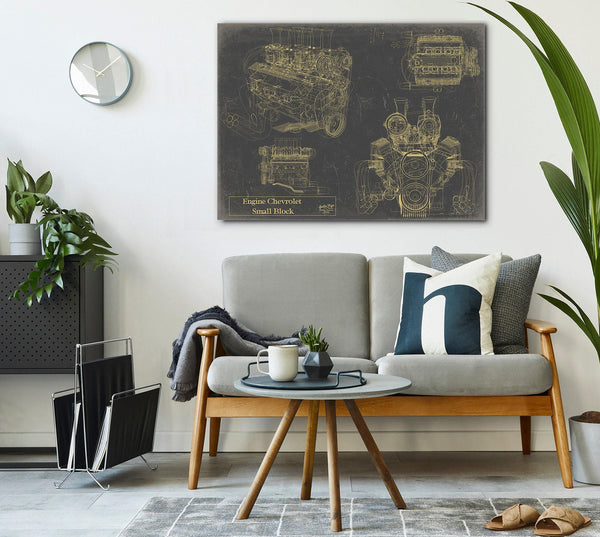 Bella Frye Vintage Engine Chevy Small Block Print,  Original Blueprint Canvas