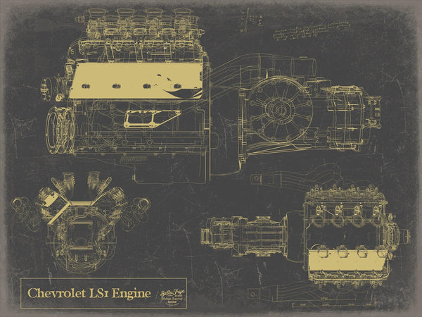 Bella Frye Vintage Chevrolet LS1 Engine Print,  Original Blueprint Canvas