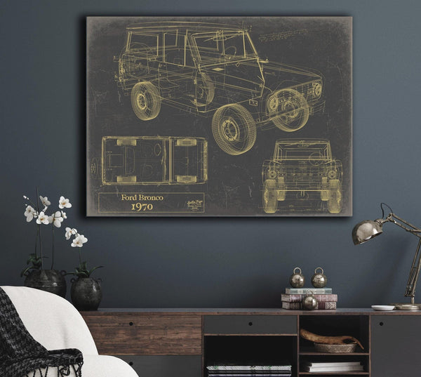 Bella Frye Vintage 1970 Ford Bronco Car Model Print,  Original Blueprint Canvas, Framed, or Unframed Art