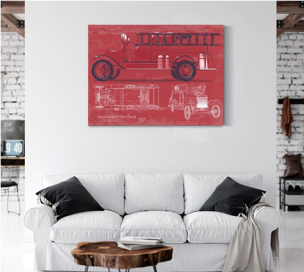Bella Frye Ford Model T Fire Truck Blueprint: Vintage Automotive Wall Art